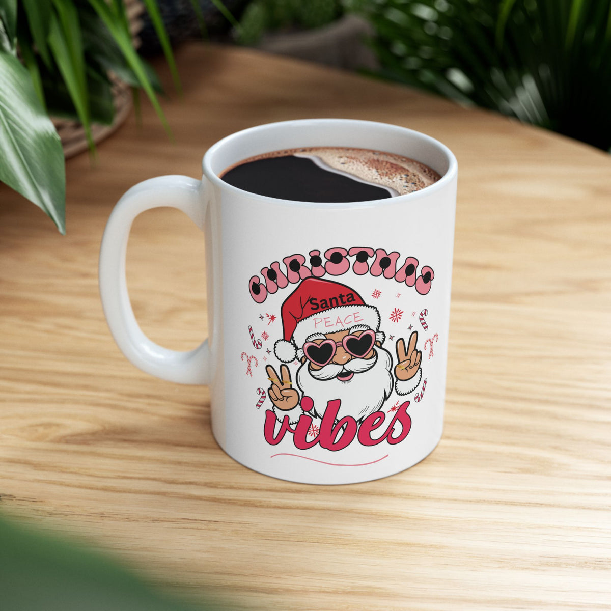 Christmas Vibes Santa Ceramic Mug – Peace Sign Holiday Coffee Cup (11oz, 15oz)