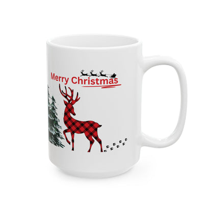 Merry Christmas Reindeer Mug – Buffalo Plaid Holiday Coffee Cup (11oz, 15oz)