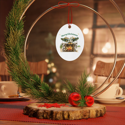 Merry Christmas Fireplace Metal Ornament – Cozy Holiday Décor