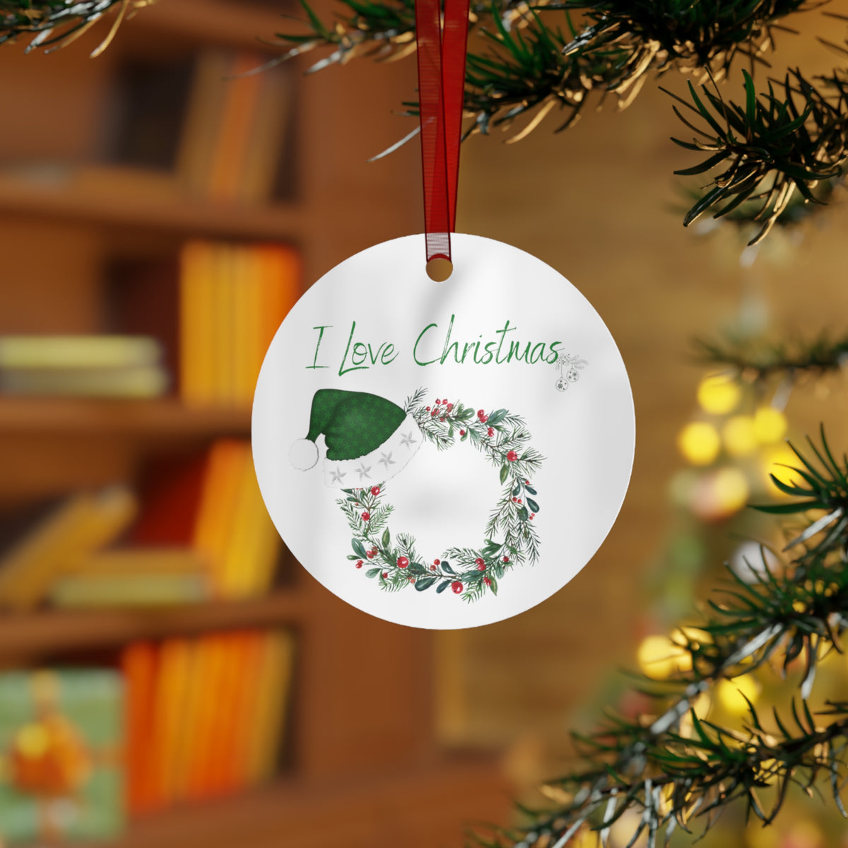 I Love Christmas Metal Ornament – Festive Wreath with Santa Hat Holiday Decoration