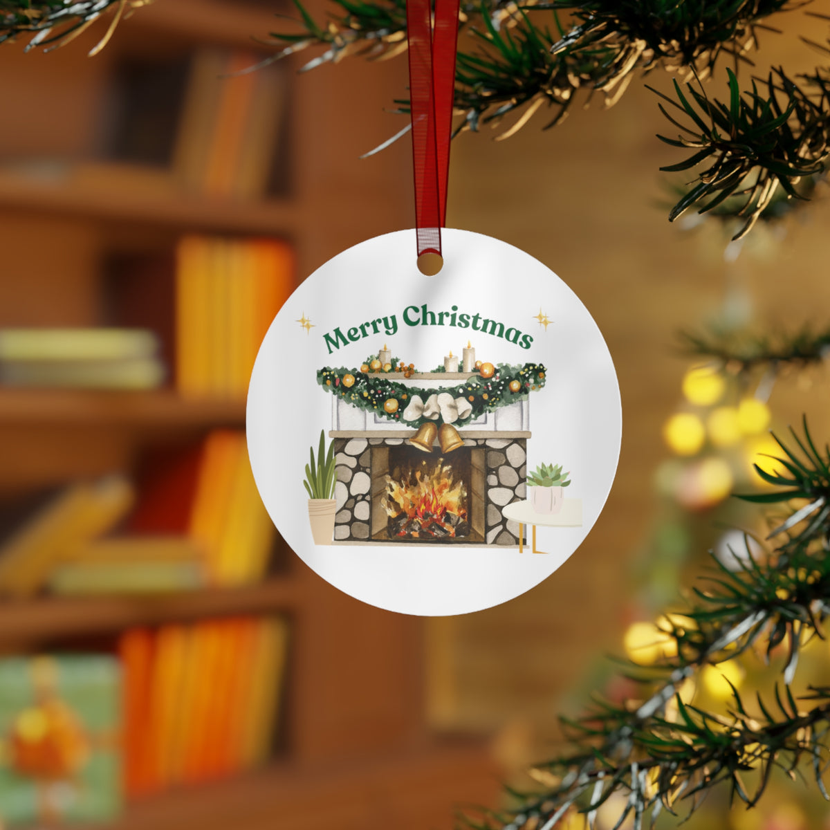 Merry Christmas Fireplace Metal Ornament – Cozy Holiday Décor