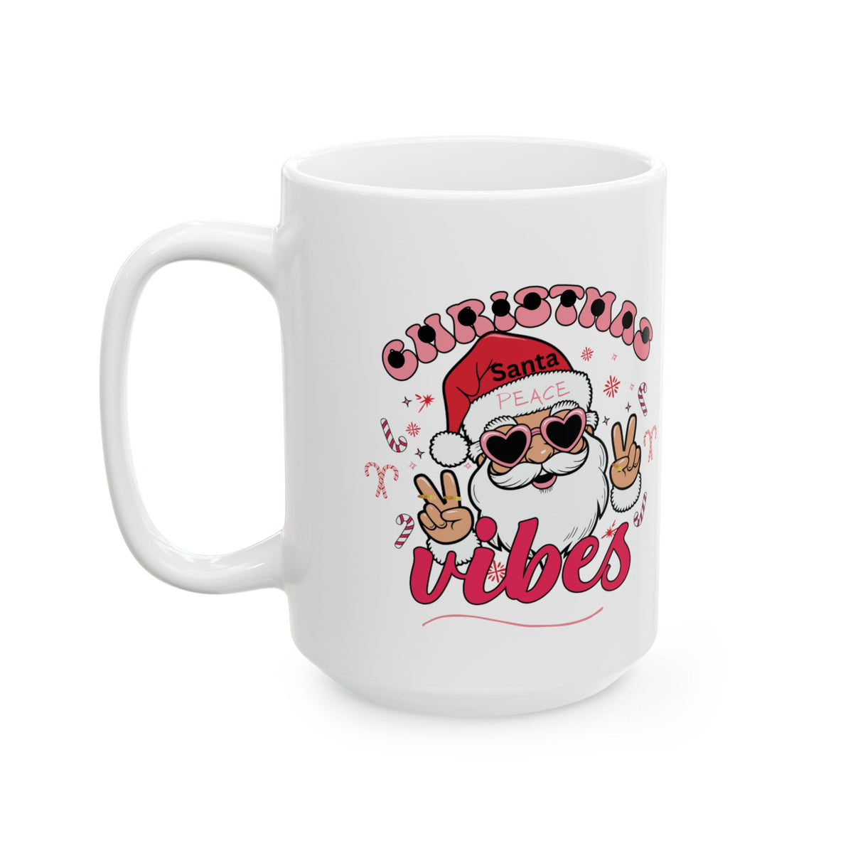 Christmas Vibes Santa Ceramic Mug – Peace Sign Holiday Coffee Cup (11oz, 15oz)
