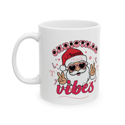 Christmas Vibes Santa Ceramic Mug – Peace Sign Holiday Coffee Cup (11oz, 15oz)