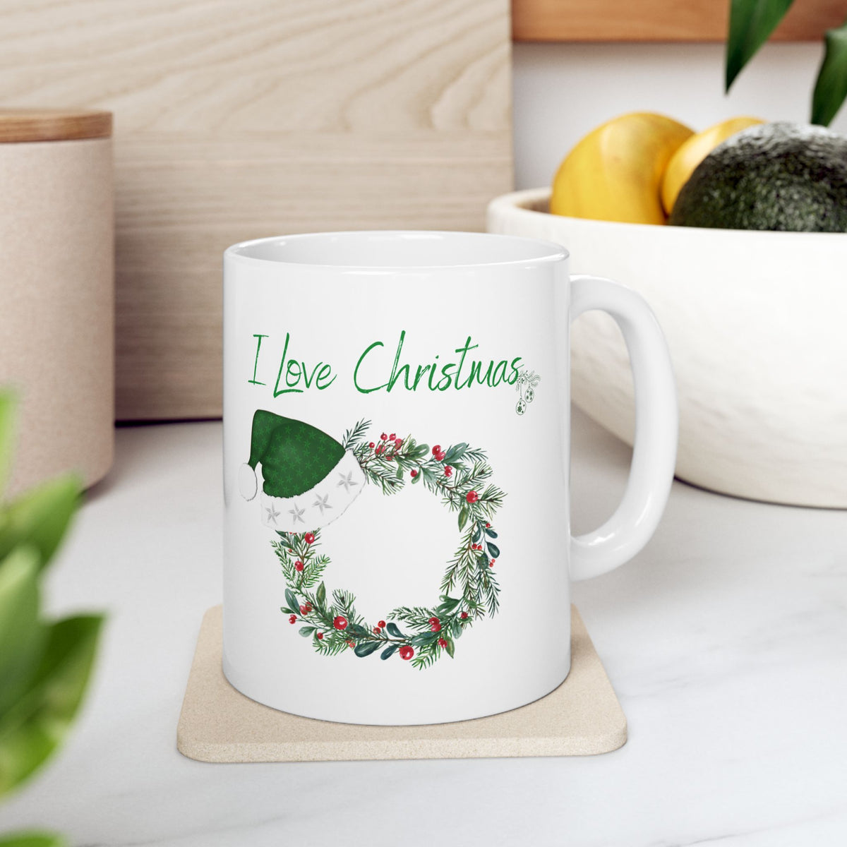 I Love Christmas Mug – Festive Wreath with Green Santa Hat Ceramic Coffee Cup (11oz, 15oz)