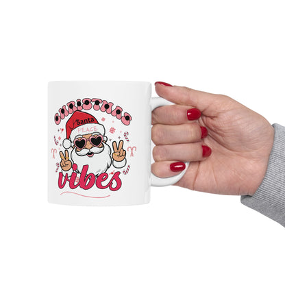 Christmas Vibes Santa Ceramic Mug – Peace Sign Holiday Coffee Cup (11oz, 15oz)