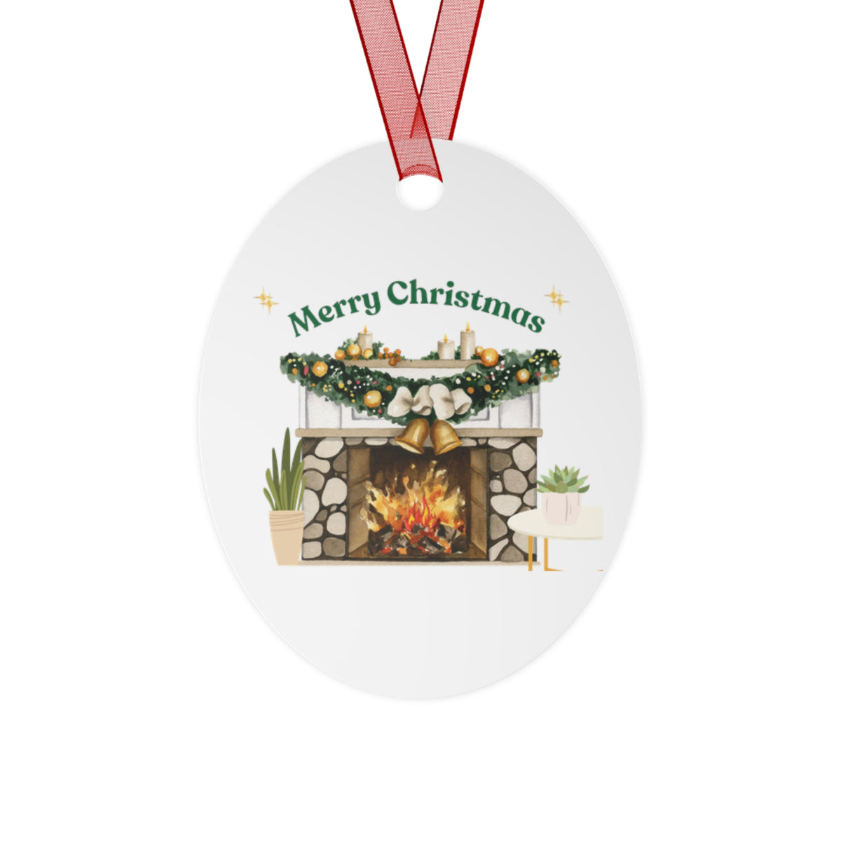Merry Christmas Fireplace Metal Ornament – Cozy Holiday Décor