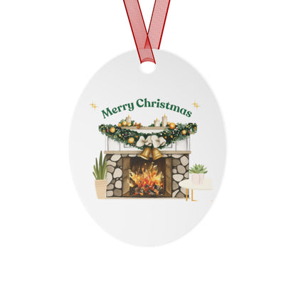 Merry Christmas Fireplace Metal Ornament – Cozy Holiday Décor