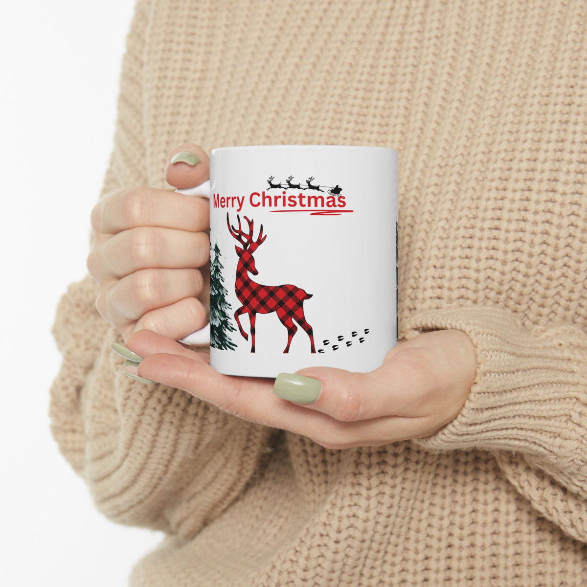 Merry Christmas Reindeer Mug – Buffalo Plaid Holiday Coffee Cup (11oz, 15oz)