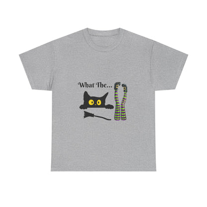 Black Cat “What The…” T-Shirt – Funny Halloween Graphic Tee