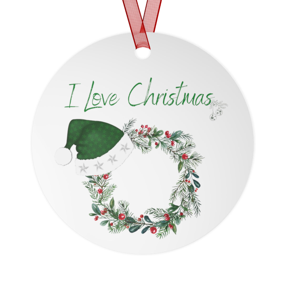 I Love Christmas Metal Ornament – Festive Wreath with Santa Hat Holiday Decoration
