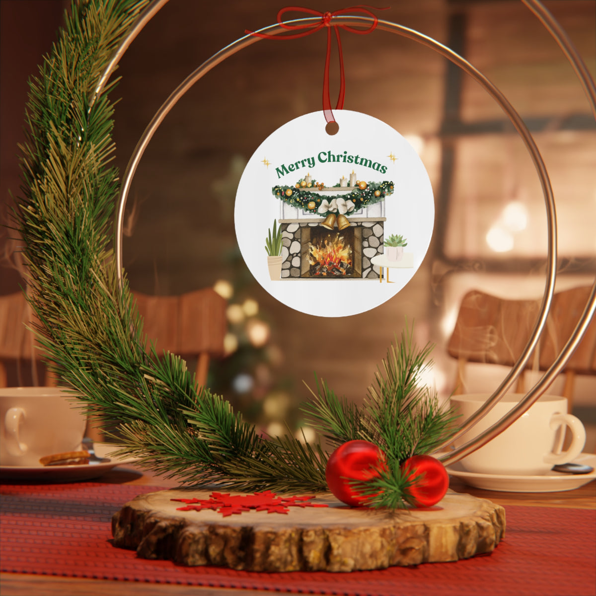 Merry Christmas Fireplace Metal Ornament – Cozy Holiday Décor