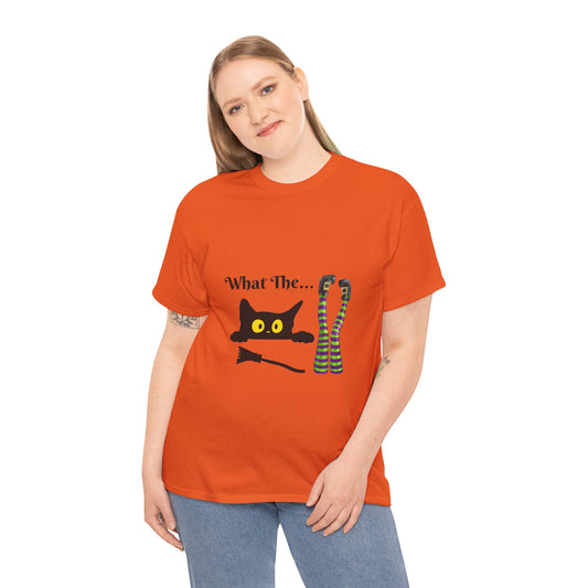 Black Cat “What The…” T-Shirt – Funny Halloween Graphic Tee