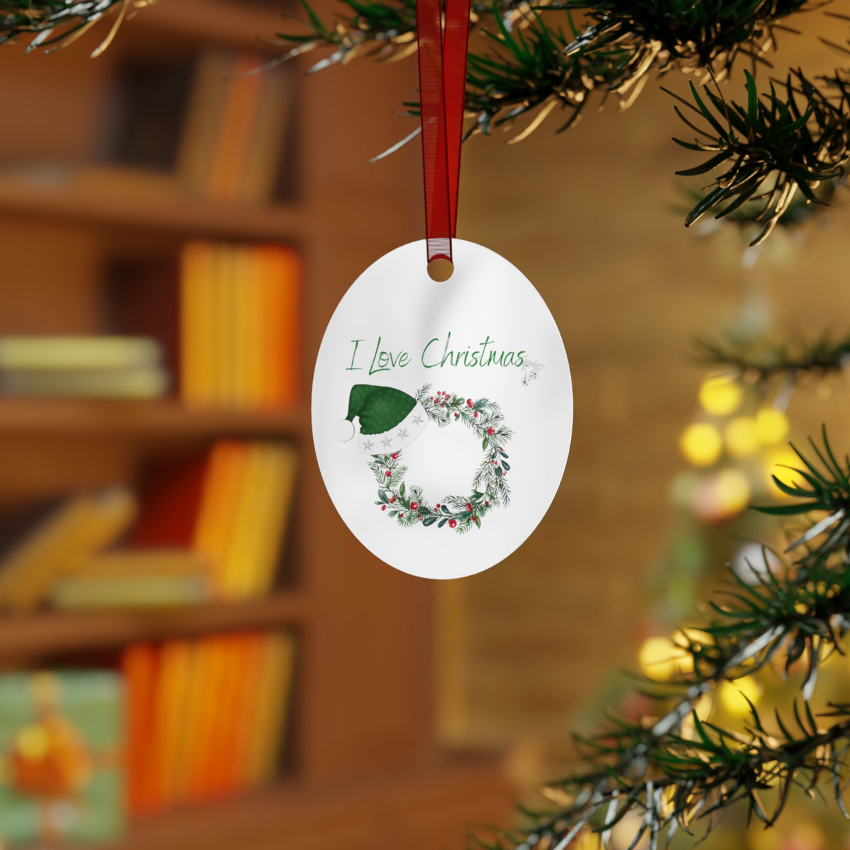 I Love Christmas Metal Ornament – Festive Wreath with Santa Hat Holiday Decoration
