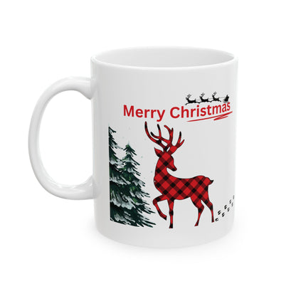 Merry Christmas Reindeer Mug – Buffalo Plaid Holiday Coffee Cup (11oz, 15oz)