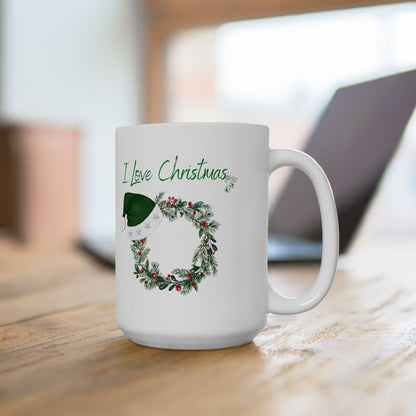 I Love Christmas Mug – Festive Wreath with Green Santa Hat Ceramic Coffee Cup (11oz, 15oz)