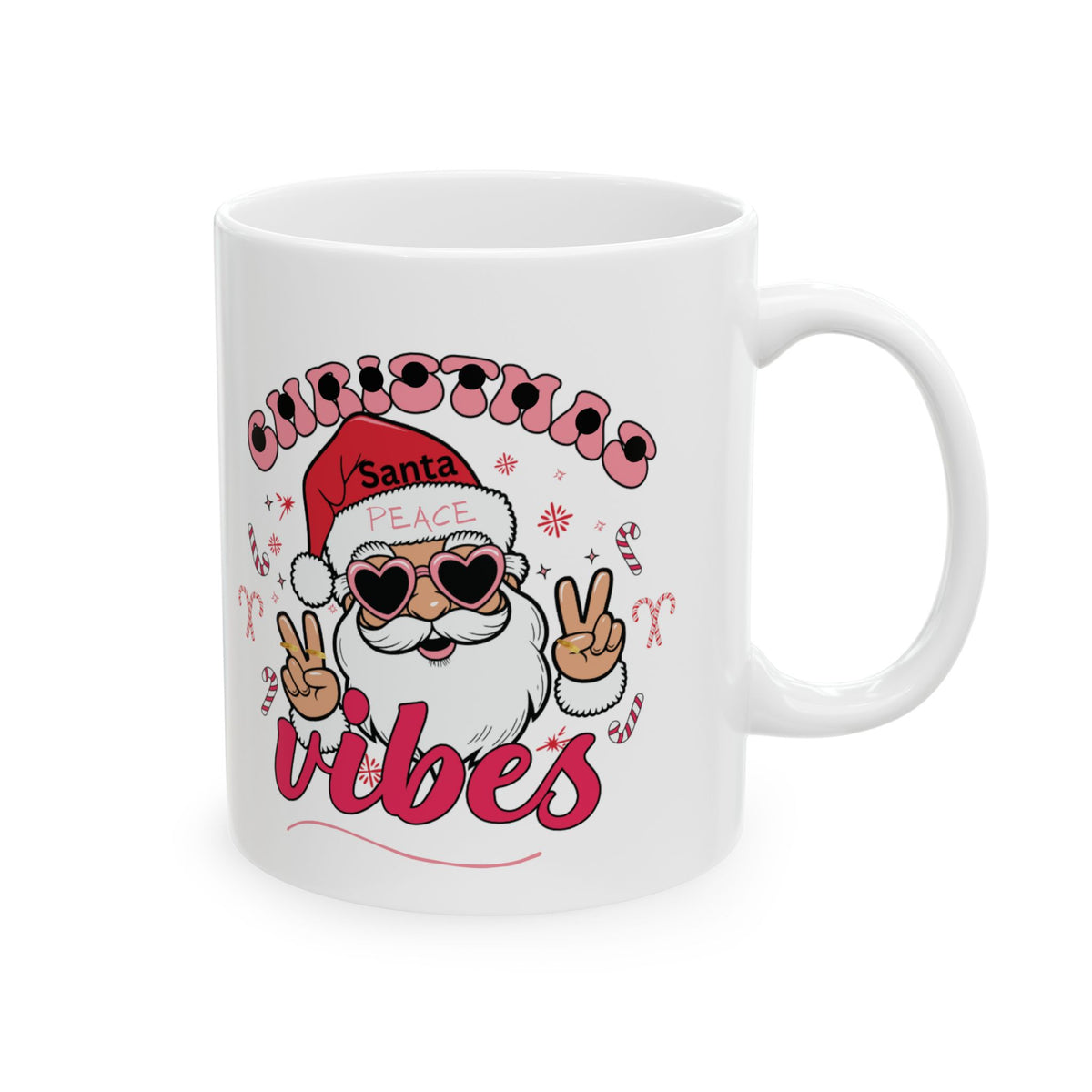 Christmas Vibes Santa Ceramic Mug – Peace Sign Holiday Coffee Cup (11oz, 15oz)