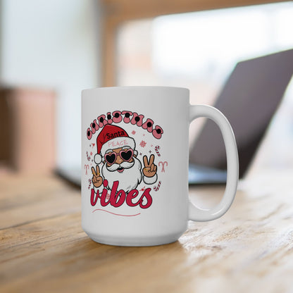 Christmas Vibes Santa Ceramic Mug – Peace Sign Holiday Coffee Cup (11oz, 15oz)
