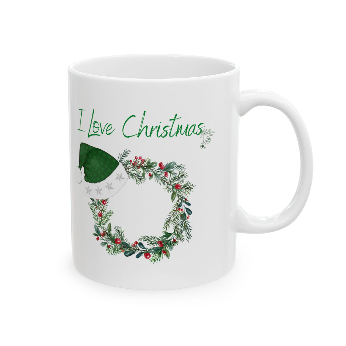 I Love Christmas Mug – Festive Wreath with Green Santa Hat Ceramic Coffee Cup (11oz, 15oz)