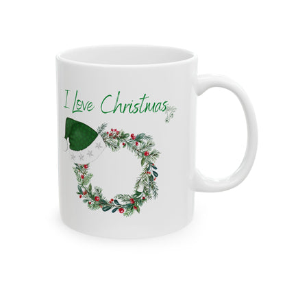 I Love Christmas Mug – Festive Wreath with Green Santa Hat Ceramic Coffee Cup (11oz, 15oz)