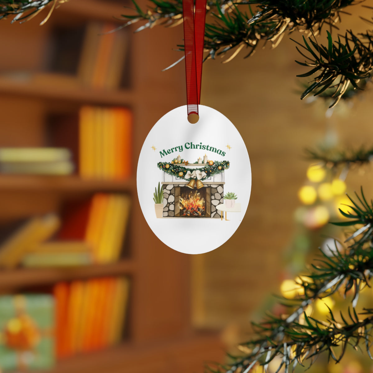 Merry Christmas Fireplace Metal Ornament – Cozy Holiday Décor