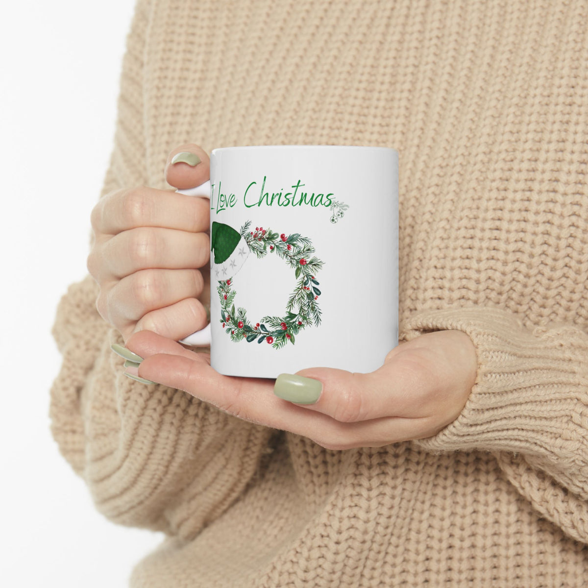 I Love Christmas Mug – Festive Wreath with Green Santa Hat Ceramic Coffee Cup (11oz, 15oz)