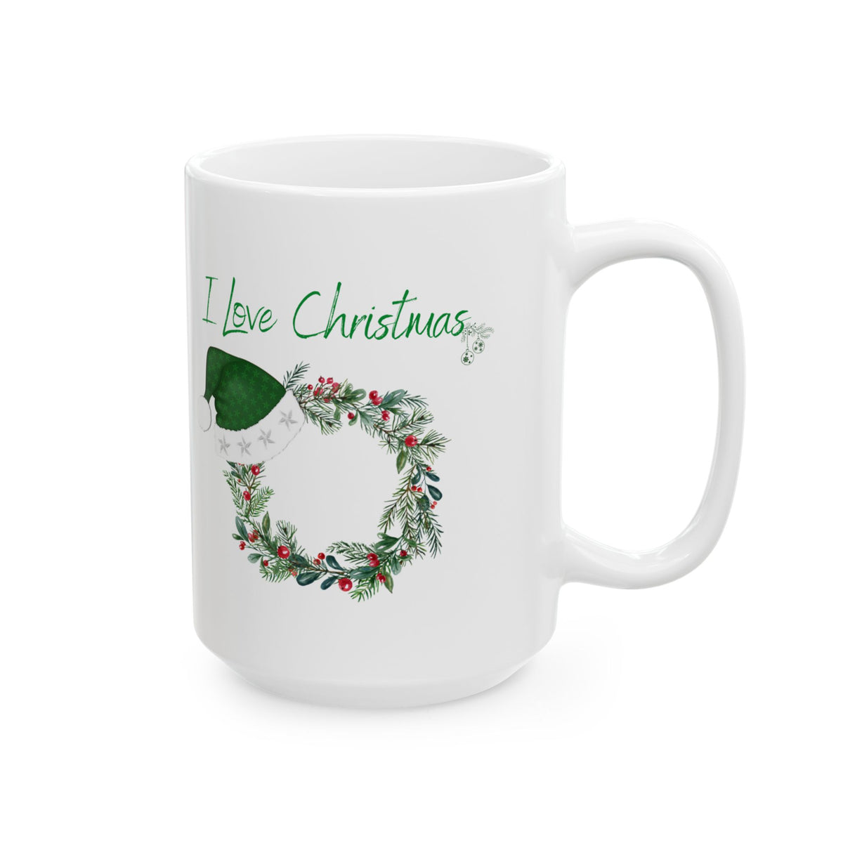I Love Christmas Mug – Festive Wreath with Green Santa Hat Ceramic Coffee Cup (11oz, 15oz)