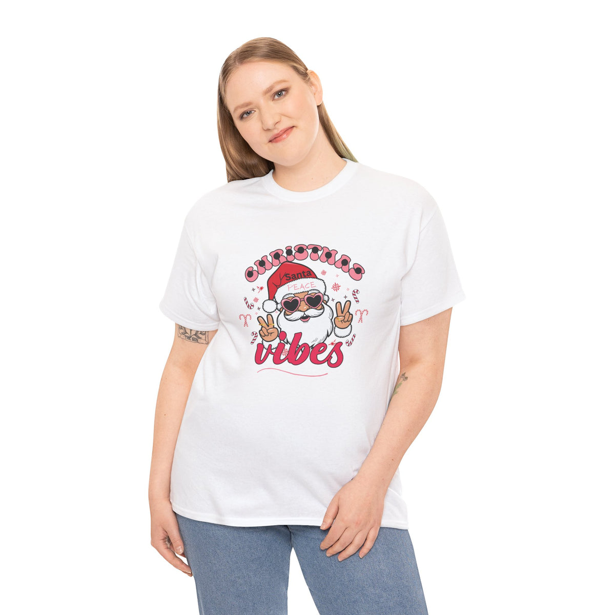 Christmas Vibes Santa T-Shirt – Peace Sign Holiday Graphic Tee