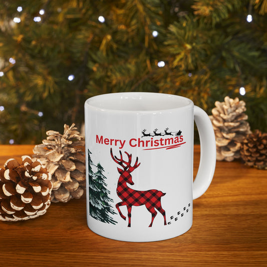 Merry Christmas Reindeer Mug – Buffalo Plaid Holiday Coffee Cup (11oz, 15oz)