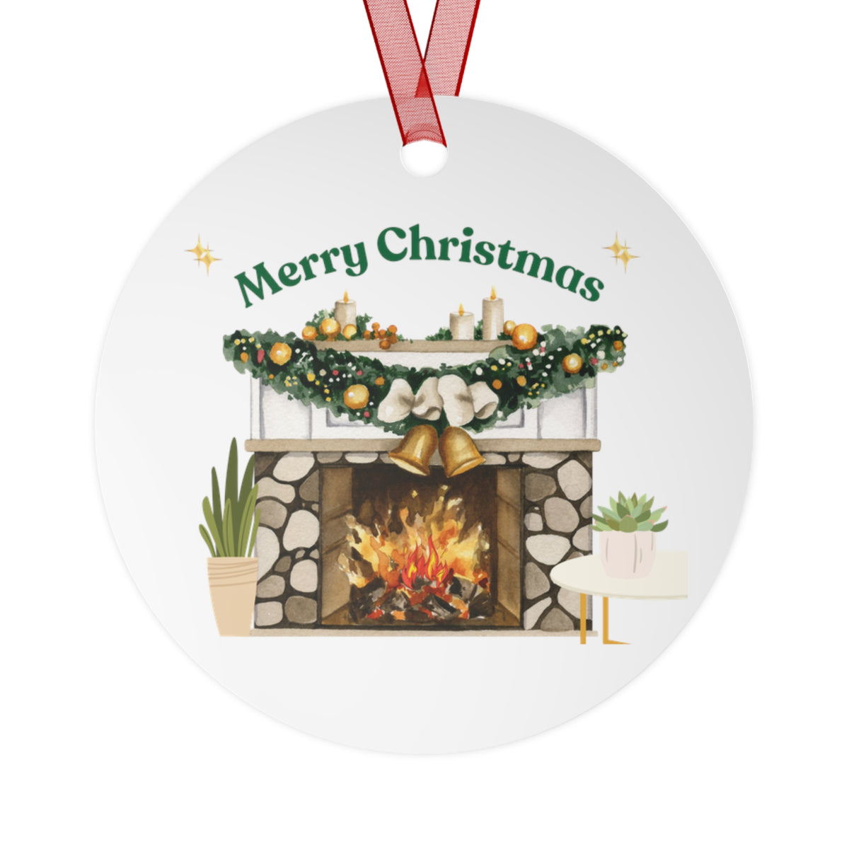 Merry Christmas Fireplace Metal Ornament – Cozy Holiday Décor