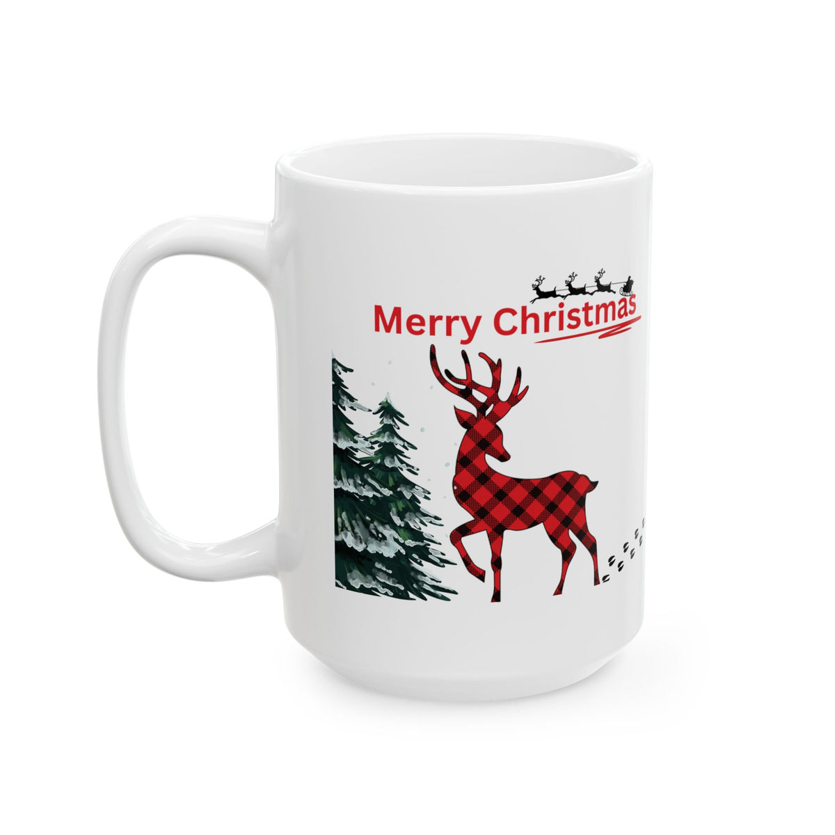 Merry Christmas Reindeer Mug – Buffalo Plaid Holiday Coffee Cup (11oz, 15oz)
