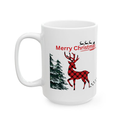 Merry Christmas Reindeer Mug – Buffalo Plaid Holiday Coffee Cup (11oz, 15oz)
