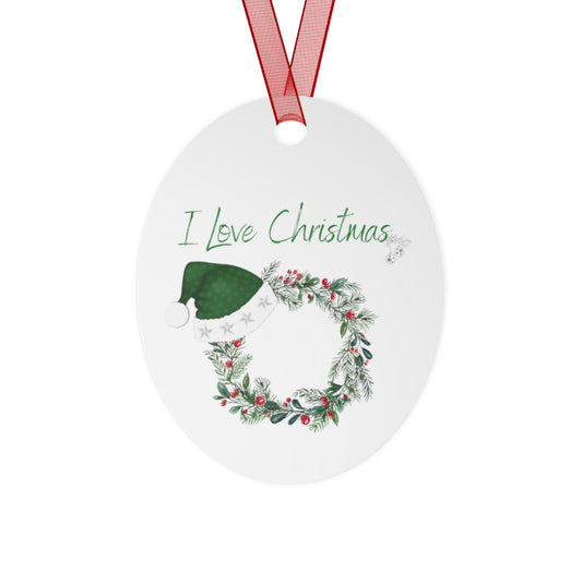 I Love Christmas Metal Ornament – Festive Wreath with Santa Hat Holiday Decoration