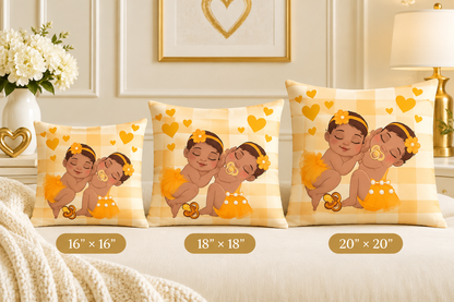 Twin Girls Nursery Pillow – Golden Hearts